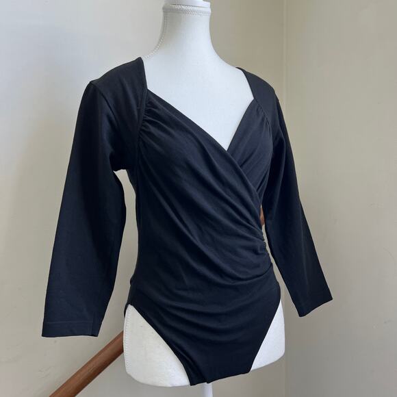 Vintage Gold Label Victoria Secret 80s Long Sleeve Bodysuit Black Wrap Surplice - Picture 2 of 9